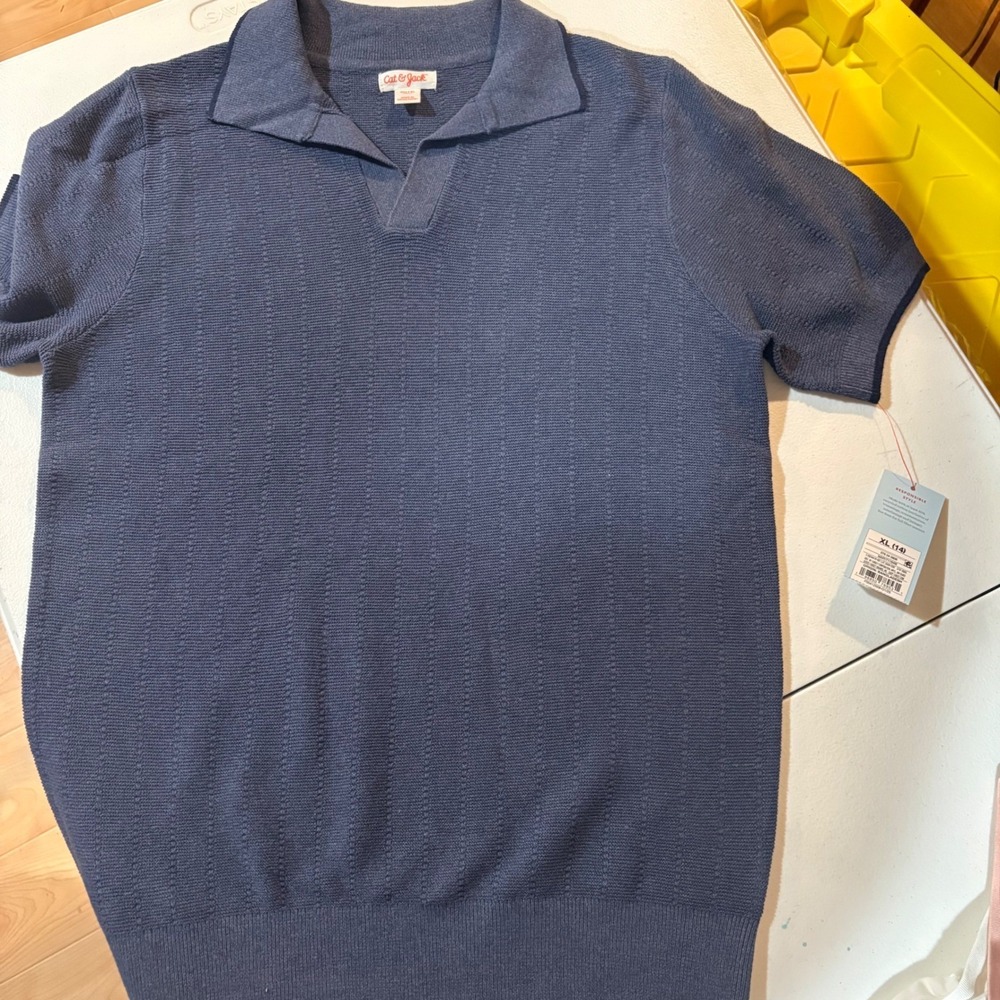 Cat & Jack Boys XL 14 Navy Blue Short Sleeve Textured Knit Johnny Collar Polo